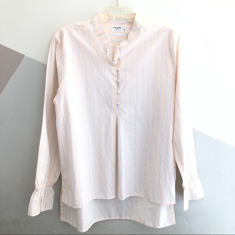 Frame Ruffle Cuff Cotton Shirt In Light Pink blue - Picture 2 of 9